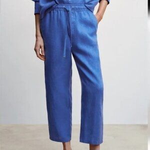 Mango MNG Blue Linen Cropped Pants Drawstring Waist Size Medium